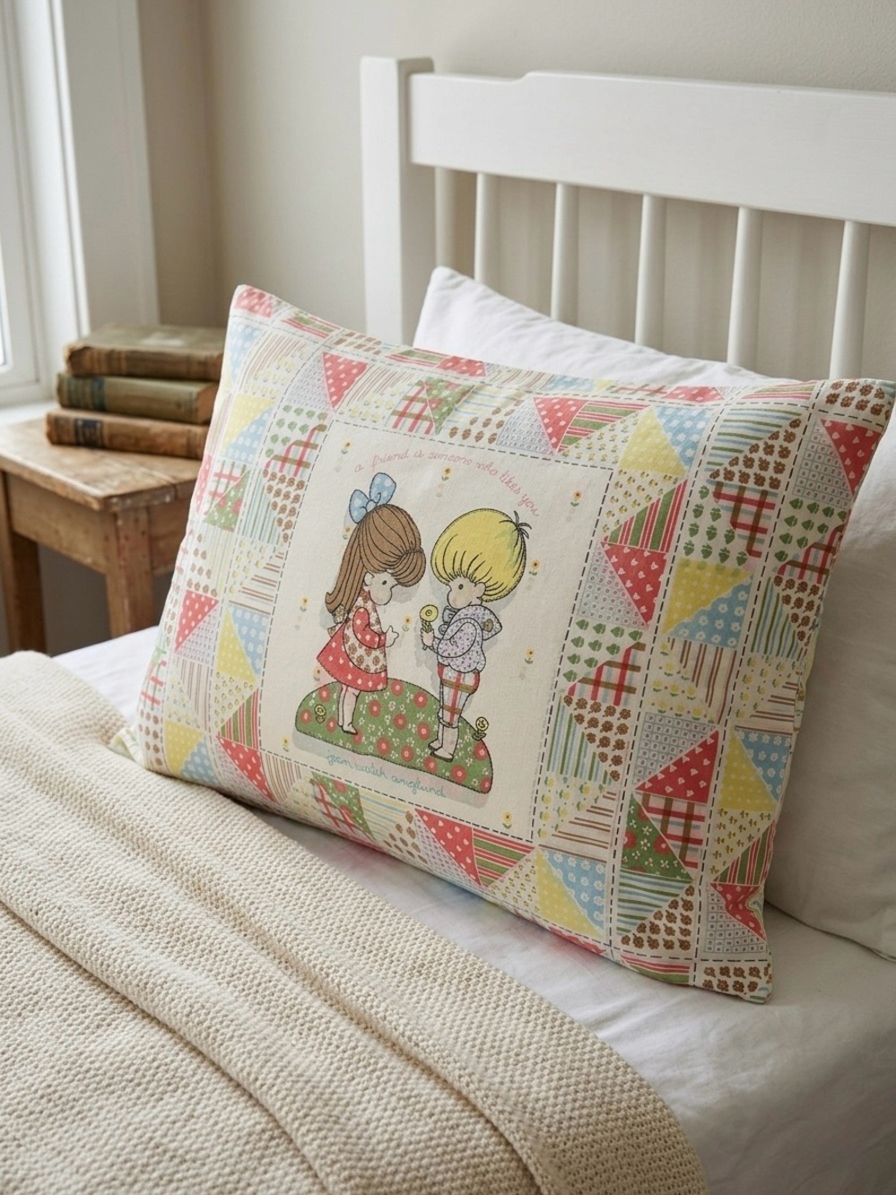 Vintage Style Children's Pillowcase with Pastel Patchwork and Illustration
